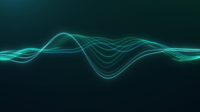 Cyan and green glowing digital wave made of flowing dotted lines on dark background. Abstract technology loop for data stream visuals, network motion, science concepts, corporate screens,