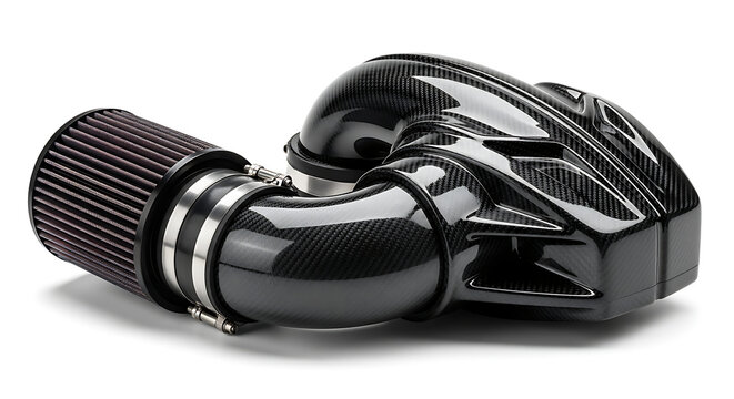 Premium high-performance aftermarket carbon fiber cold air intake system and induction kit designed for sports cars and high-end vehicle tuning isolated on a clean white background. 