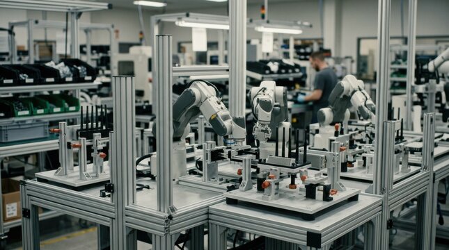 Medium frame focusing on modular reconfigurable cells with robotic arms and adjustable fixtures streamlining customization of communication technology manufacturing.