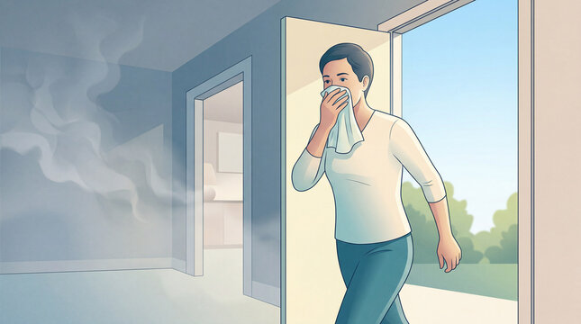 Brave individual covers face protecting breath escaping a room filled with unknown vapor into the fresh open air