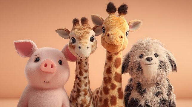 Four friendly cartoon animals, a pig, two giraffes, and a shaggy creature, smiling