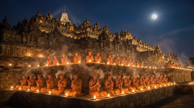 Buddhist temple at night with candles.