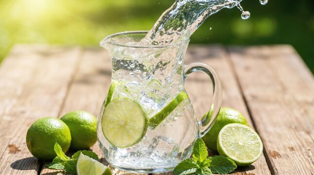 Refreshing pitcher of lime water outdoors.
