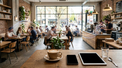 Fototapeta premium Panoramic caf environment with blank digital devices and soft ambient atmosphere