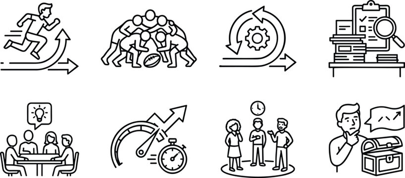 Agile project management and scrum workflow vector line art icon set for business sprint planning and teamwork speed productivity.