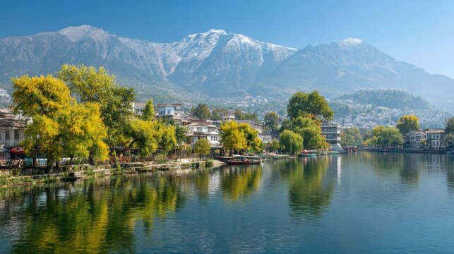 Snow-capped Mountains Overlooking a Village by a Serene Lake