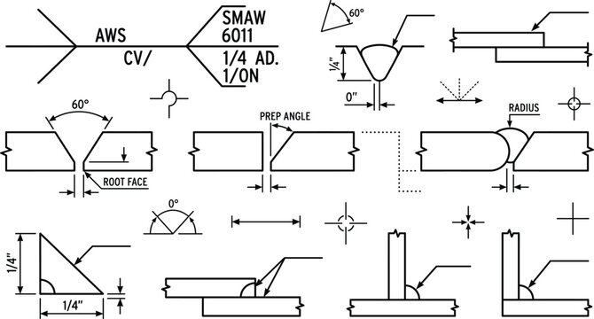 Welding Symbol Blueprint Vector Icon Set with Joint Details Dimensions Specifications and Technical Drafting Diagrams