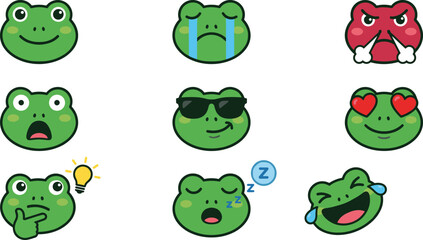 Obraz premium Cute Frog Emoji Expression Collection with Funny Cartoon Faces, Emotional Reactions, and Kawaii Amphibian Vector Illustration Icons