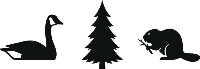 Canada wildlife vector silhouette icon set featuring domestic canadian goose swimming evergreen pine fir tree and busy beaver chewing branch, © Mdjoshel 