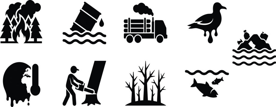 Environmental Pollution and Climate Change Vector Icon Set Featuring Wildfire Deforestation Oil Spill Global Warming and Ocean Plastic Waste Graphics