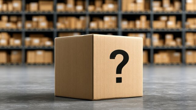 Cardboard box with a question mark in a warehouse