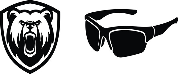Hunting adventure vector silhouette icon set featuring roaring grizzly bear shield security emblem badge and dark tinted tactical sports sunglasses, © Mdjoshel 