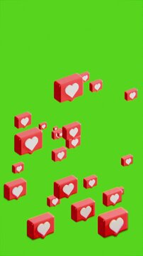 social media love heart like icons floating upwards, on green screen background