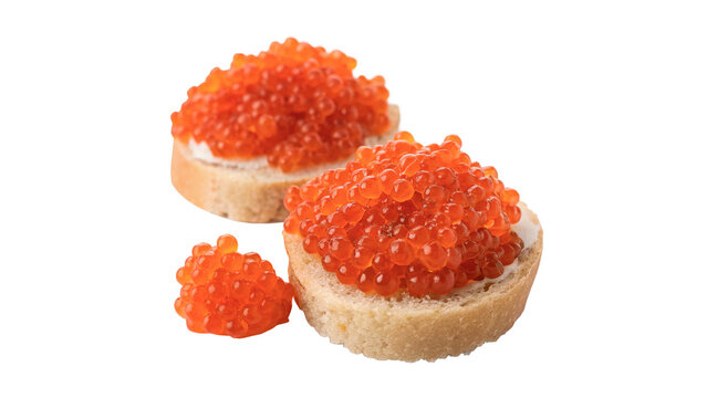 Two traditional Russian gourmet appetizers of red caviar roe sandwiches on white bread