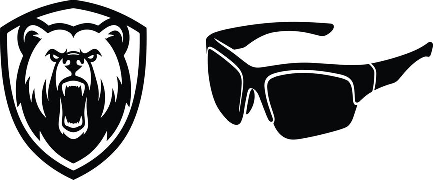 Hunting adventure vector silhouette icon set featuring roaring grizzly bear shield security emblem badge and dark tinted tactical sports sunglasses,