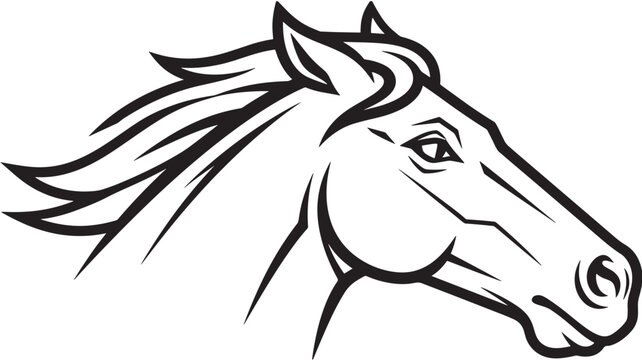 Horse head tattoo style illustration with bold black line art and white fill, wildlife emblem for branding and sports mascots