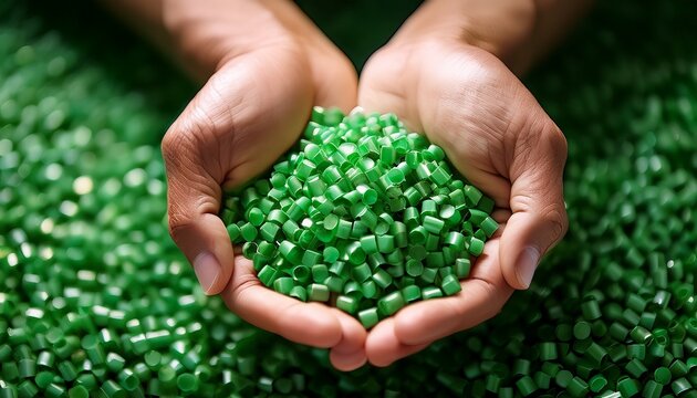 hands gently holding a handful of green biodegradable plastic pellets highlighting eco friendly alternatives to traditional plastics for a sustainable future