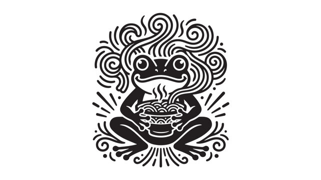 Frog holding steaming noodles with swirling lines and steam effects featuring cartoon, illustration, black and white with vector and food elements