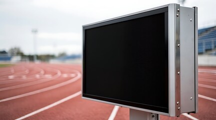 Fototapeta premium Close-up of a digital display screen at a sports stadium track, showing information.