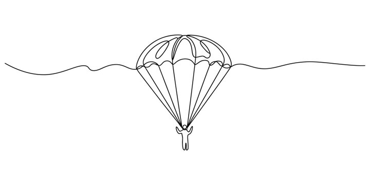 Continuous line drawing of a person using a parachute for skydiving