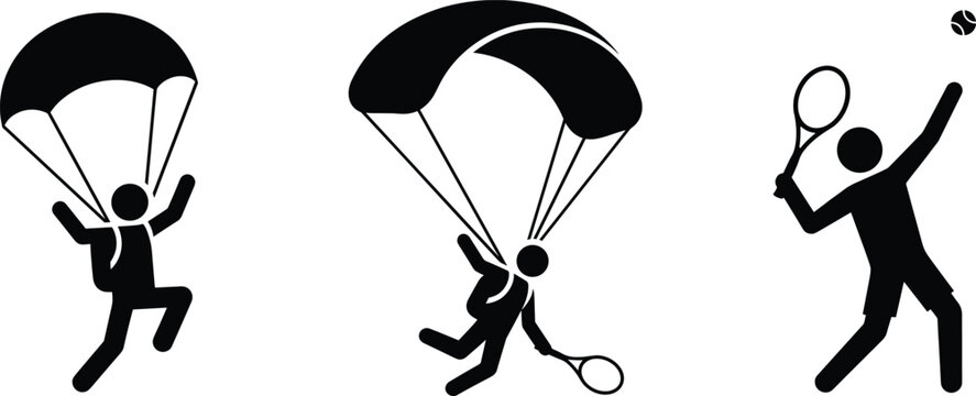 Creative silhouette illustration combining parachuting and tennis activities symbolizing adventure, sports, imagination, and playful conceptual design