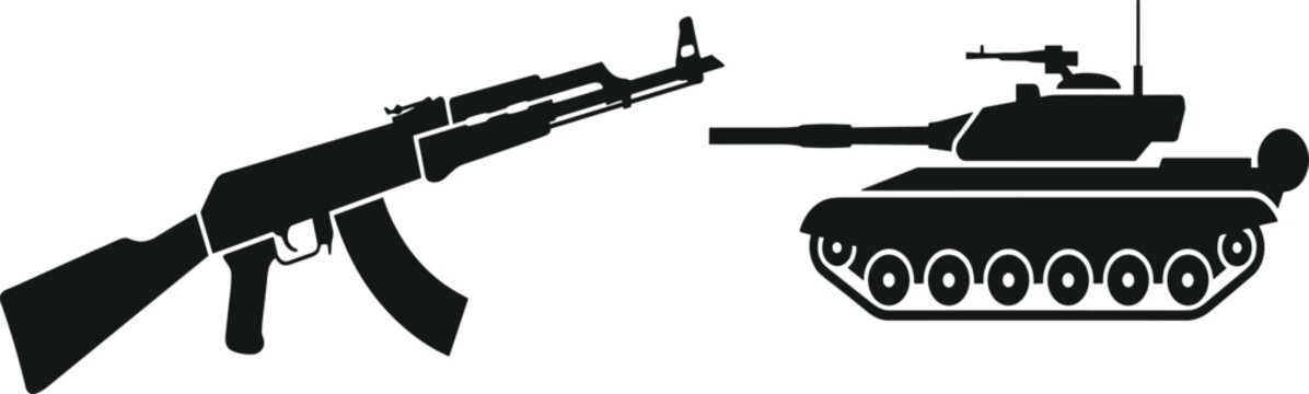 Military warfare vector silhouette set featuring automatic assault rifle weapon and heavy armored battle tank with long gun barrel,