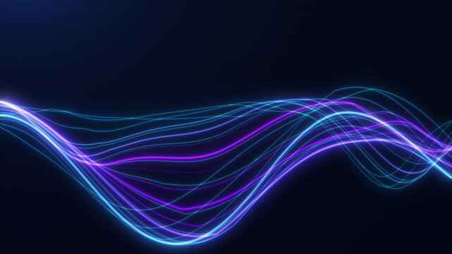 Blue and purple glowing digital wave made of flowing light lines on dark background. Abstract technology loop for data stream visuals, network motion, AI interfaces, corporate screens, music graphics
