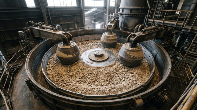 Vertical roller raw mill interior showing the grinding table and conical rollers crushing limestone feed at a modern cement manufacturing plant under task lighting