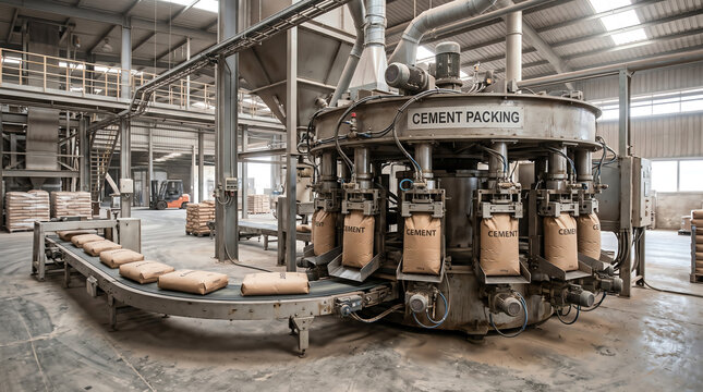 Rotary cement packing machine with multiple filling spouts dispatching valve sacks onto a discharge conveyor in a busy plant dispatch hall under bright lighting