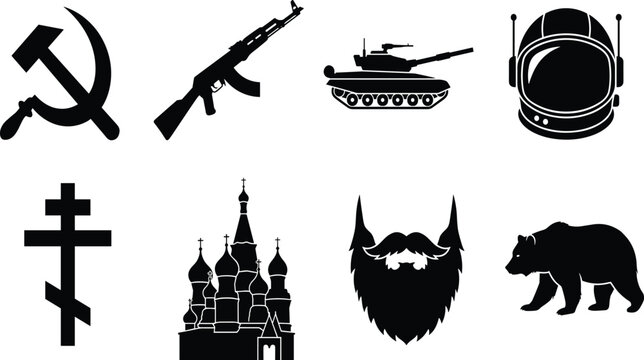 Russia culture and history vector silhouette set featuring hammer and sickle assault rifle tank cosmonaut helmet orthodox cross cathedral beard bear,