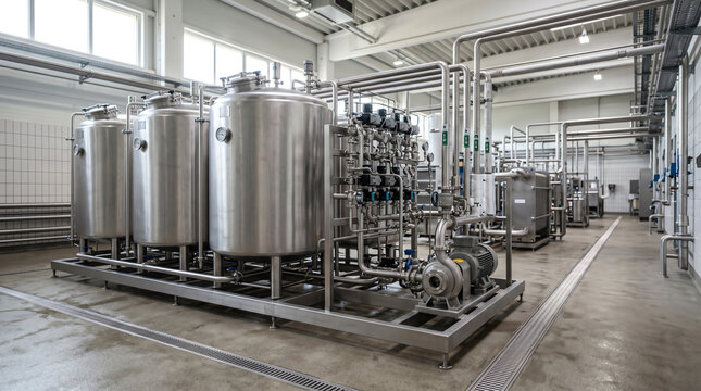 Clean-in-place CIP skid with tanks pumps and a valve manifold for circulating cleaning solution through a food processing plant under bright sanitary lighting