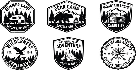 Vintage outdoor adventure emblem set featuring grunge camping labels with camper trailer grizzly bear mountain cabin eagle tent and compass, © Mdjoshel 