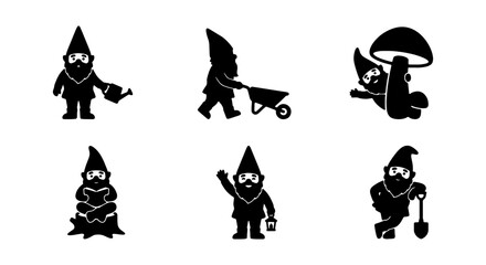 Obraz premium Garden Gnome Silhouettes Vector Set: Whimsical Characters for Enchanted Landscapes and Fantasy Designs