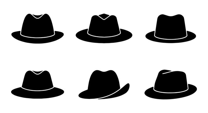 Fedora Hat Icons, Classic Style Headwear Vector Set, Vintage Fashion Accessories Collection