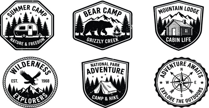 Vintage outdoor adventure emblem set featuring grunge camping labels with camper trailer grizzly bear mountain cabin eagle tent and compass,