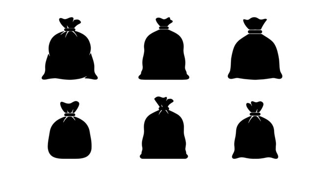 Six Silhouette Drawstring Bags, Black Fabric Pouches, Versatile Storage Icons, Gift Packaging Elements
