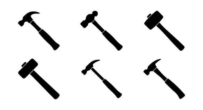 Hammer Icons Set, Tool Illustrations, Construction Symbols, DIY Vector Graphics