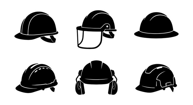 Hard Hat Icons Set, Safety Helmets Collection, Protective Headwear Vector Graphics