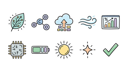 Eco-Technology Icons: A collection of hand-drawn icons representing eco-friendly technologies, including a leaf with circuit board, molecule, cloud upload, wind, graph, microchip, battery, sun. © Juhhad