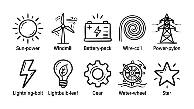 Set of Energy Icons: A collection of clean, minimalist icons representing various forms of energy generation and technology, including sun, windmill, battery, coil, power pylon, lightning bolt.