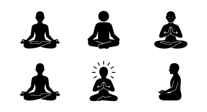 Yoga Poses Icons, Meditation Silhouettes, Zen Mindfulness Figures, Calmness Vector Graphics Set