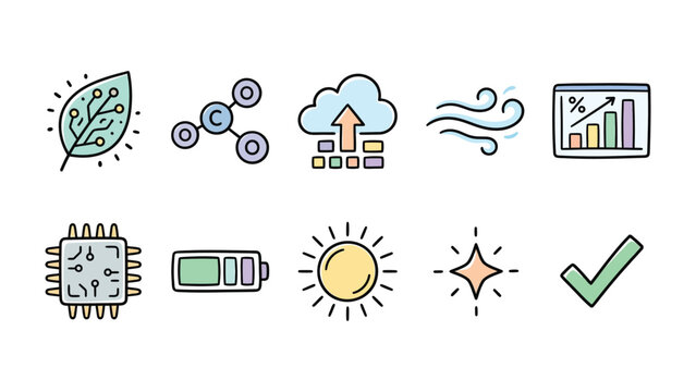 Eco-Technology Icons: A collection of hand-drawn icons representing eco-friendly technologies, including a leaf with circuit board, molecule, cloud upload, wind, graph, microchip, battery, sun.