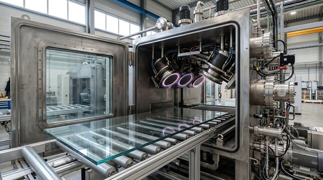 Glass panes entering a magnetron sputter coating line inside a vacuum chamber to receive a low-emissivity thin-film coating at a coated architectural glass plant