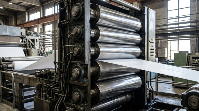 Vertical calender roll stack pressing a paper web smooth between polished hard rolls at the end of a paper machine inside a modern paper mill under task lighting