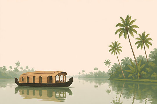 Minimal vector depiction of Kerala backwaters with traditional boat silhouette, minimal tropical vector