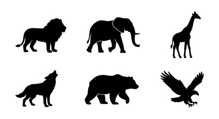 African Wildlife Silhouettes: Lion, Elephant, Giraffe, Wolf, Bear, Eagle Icons © VECTOR STORE