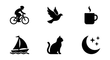 Fototapeta premium Simple Silhouette Icons: Bicycle, Bird, Coffee, Sailboat, Cat, Moon & Stars