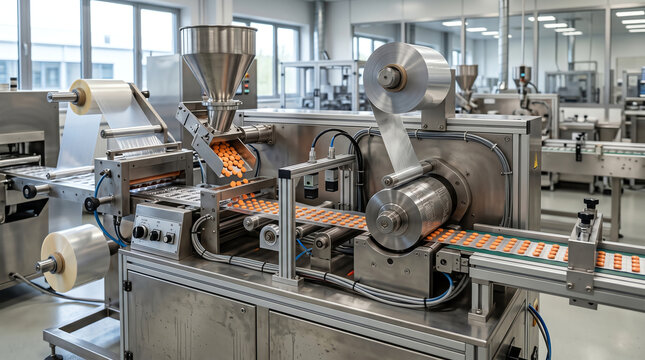Pharmaceutical blister packaging machine forming filling and sealing tablet blisters on a high-speed packaging line in a drug manufacturing plant