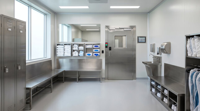Pharmaceutical cleanroom gowning airlock with stainless benches gowning supplies and an interlocked door before the production suite under clean even lighting