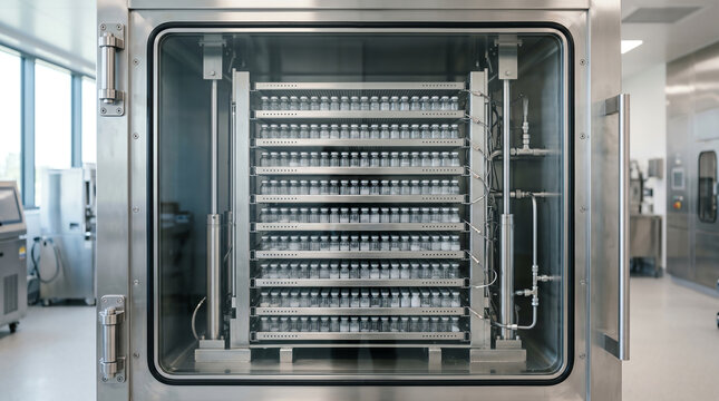 Pharmaceutical lyophilizer freeze-dryer chamber with shelf stacks holding vials for sterile freeze-drying behind a glass door in a validated cleanroom suite